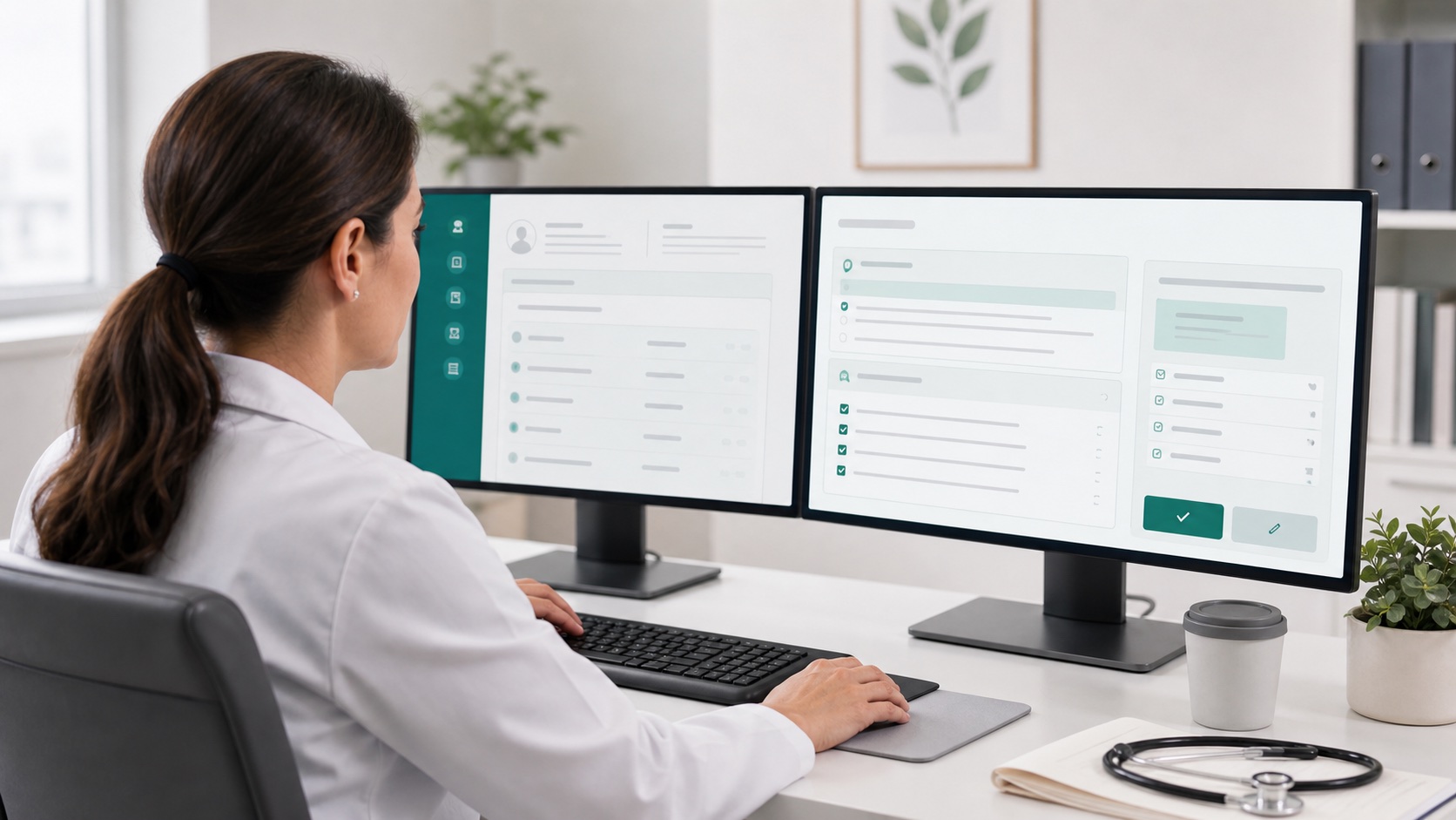 Clinician reviewing AI-assisted chart evidence before signing a note.