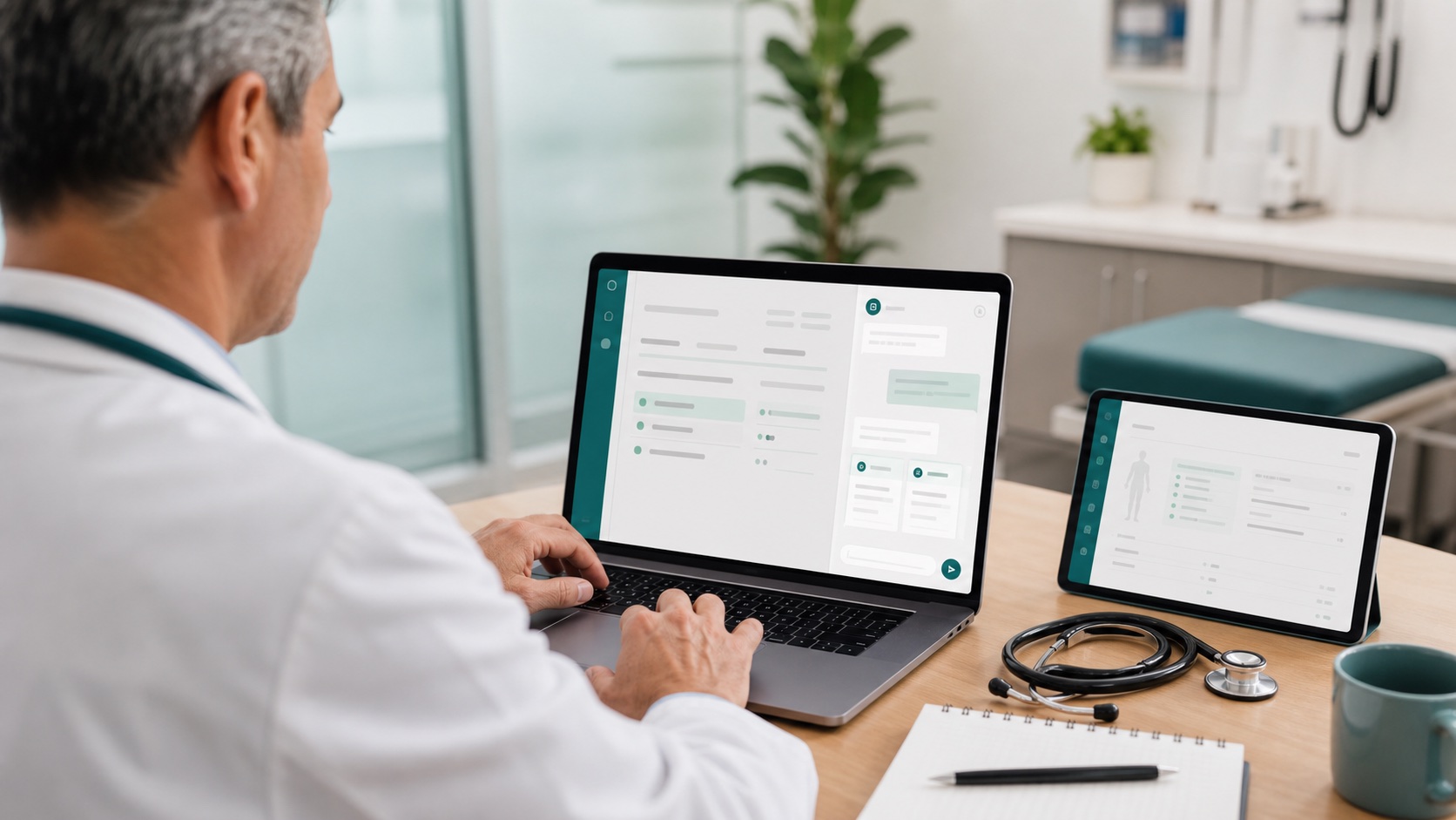 Clinician using Ask Oz chart assistant in a small outpatient exam room.
