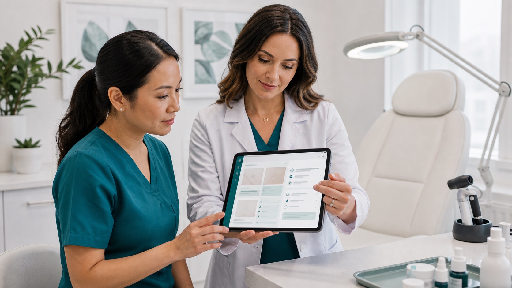 Small specialty clinic team reviewing AI-assisted clinical media documentation.