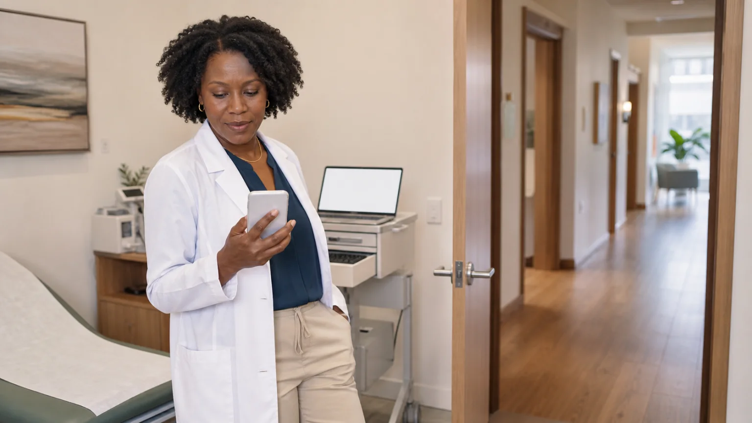 Independent-practice clinician moving from an exam-room workstation with a smartphone in hand