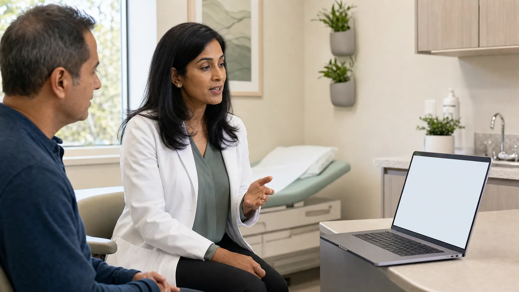 Independent-practice physician speaking a clinical follow-up note with an adult patient while Oz Scribe captures the visit