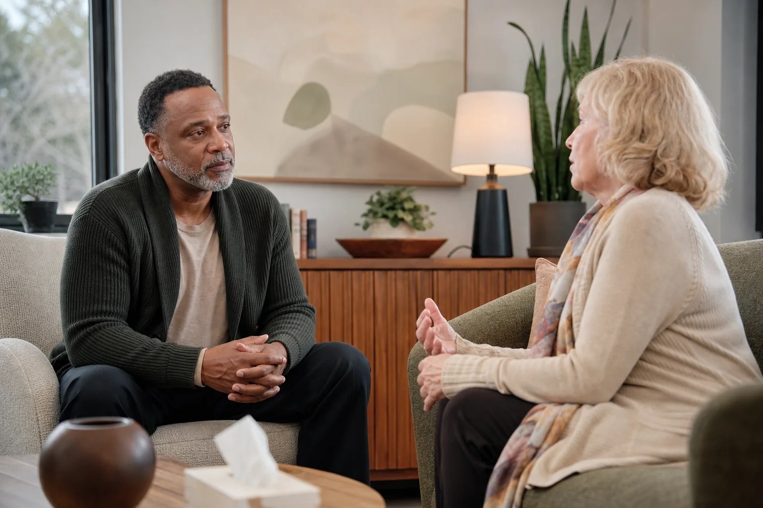 Behavioral health clinician listening to an older adult patient in a private practice