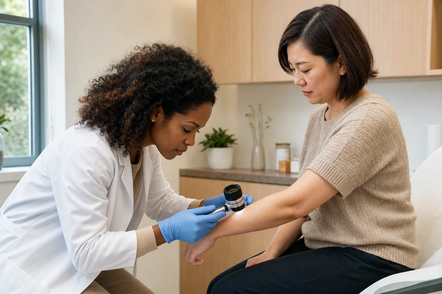Dermatology clinician examining an adult patient’s forearm with a dermatoscope