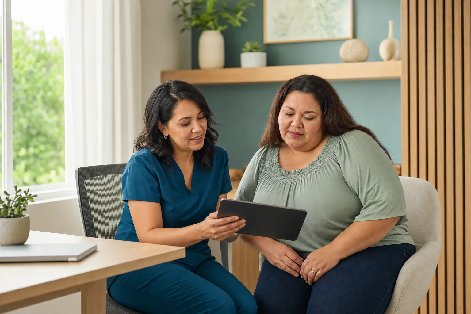 Clinician and adult patient reviewing a wellness care plan together