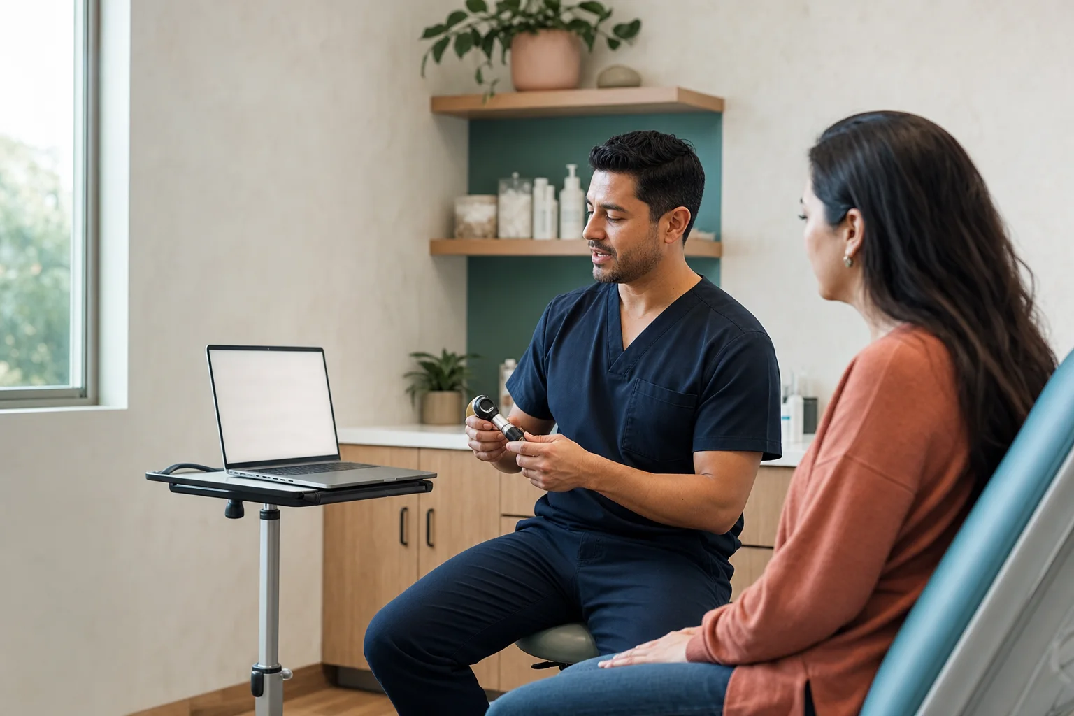 Outpatient clinician speaking naturally while preparing an exam tool with an adult patient nearby